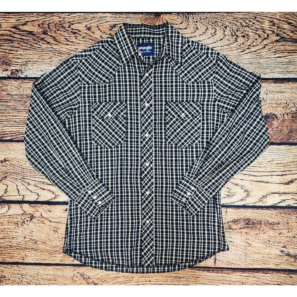 Wrangler Men's Size Medium M Black Plaid Pearl-Snap Western Button-Front Shirt